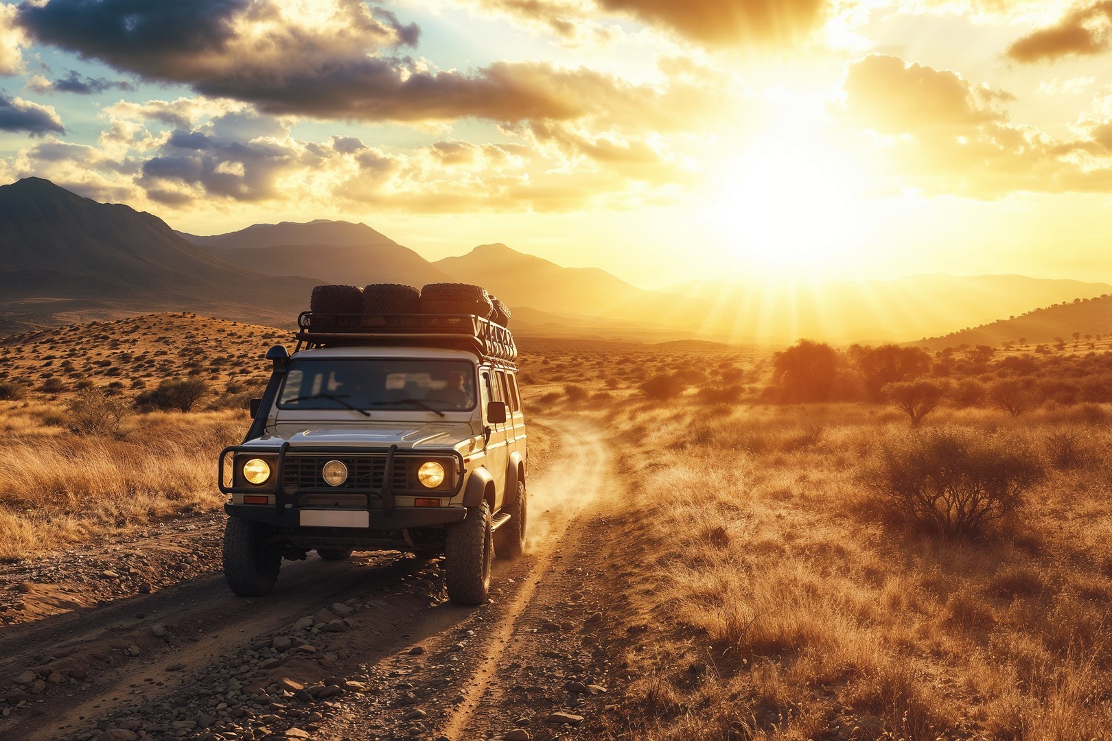 Safari vehicle at crossroad in African wilderness
